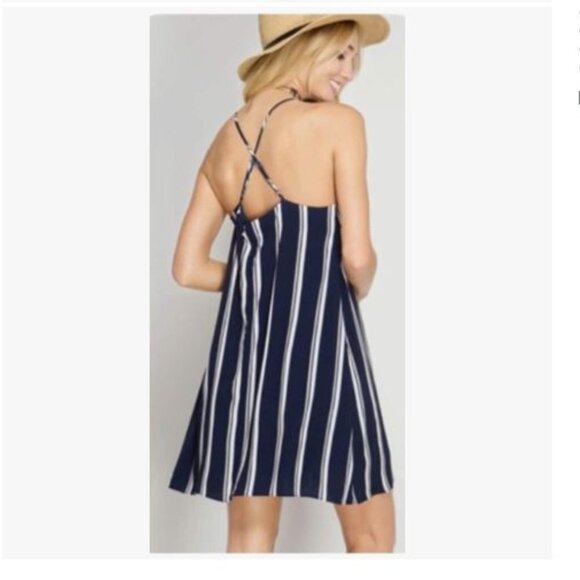 She & Sky - Navy/White Stripe Silk Slip Dress - Size Small - Picture 2 of 11